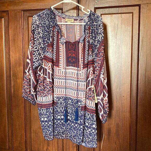 OneWorld New Blue Red Printed Sheer Ruffle Long Sleeve Blouse Top Size XL Tassel - Picture 1 of 11